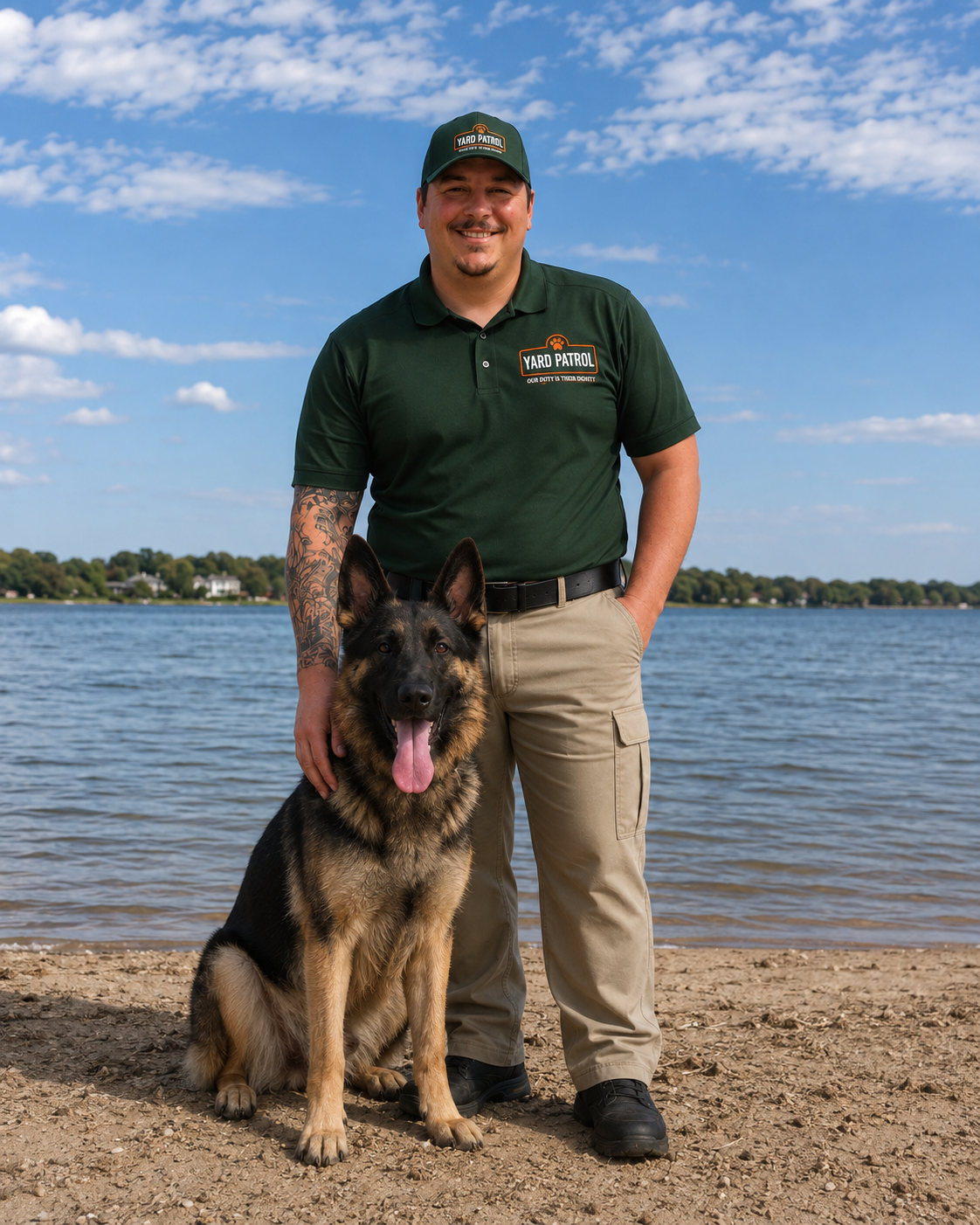 Lucas, owner of Yard Patrol, with his German Shepherd Denver in Minnesota